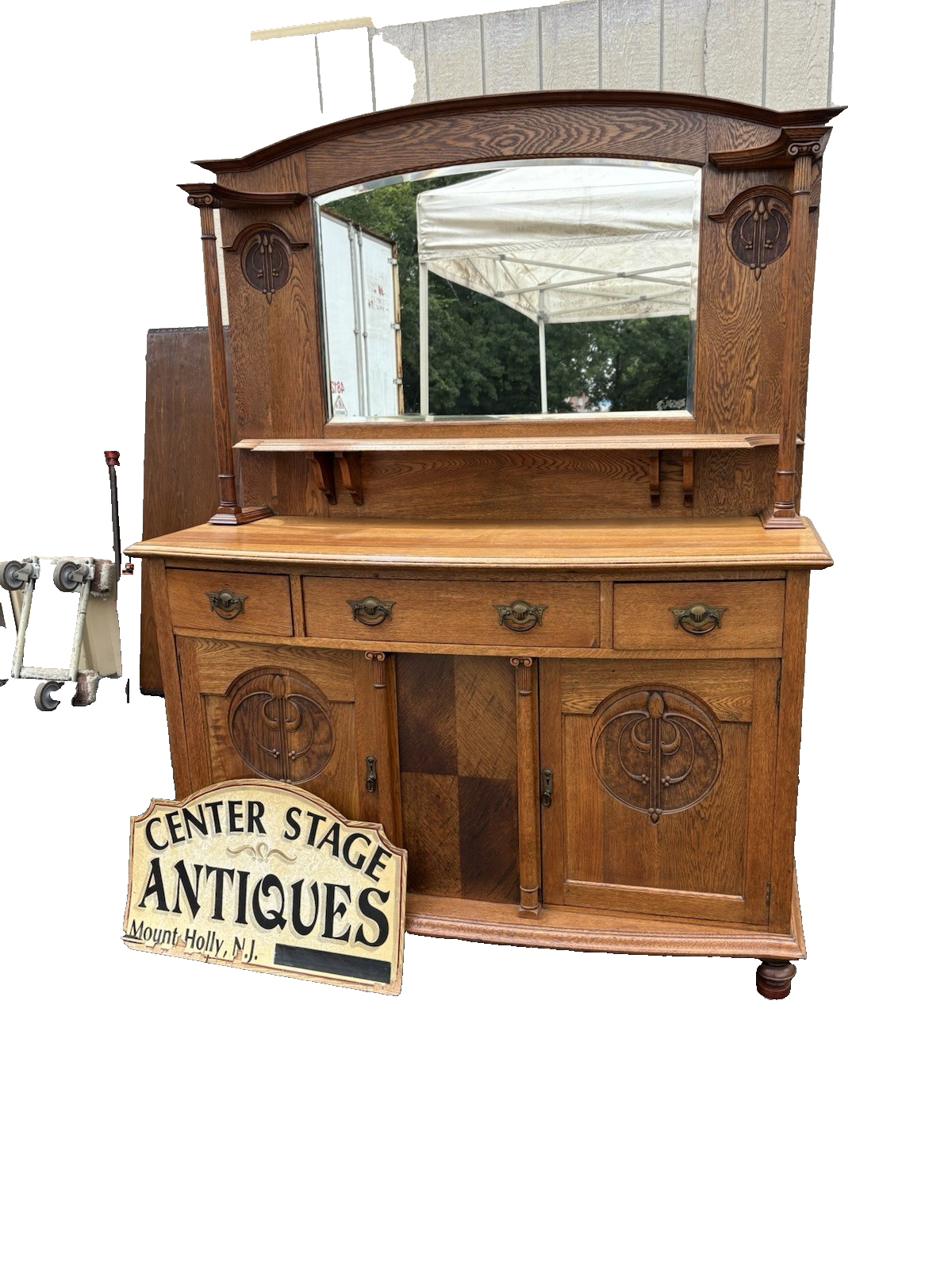 66739  Antique Victorian Oak Buffet Sideboard with Mirror