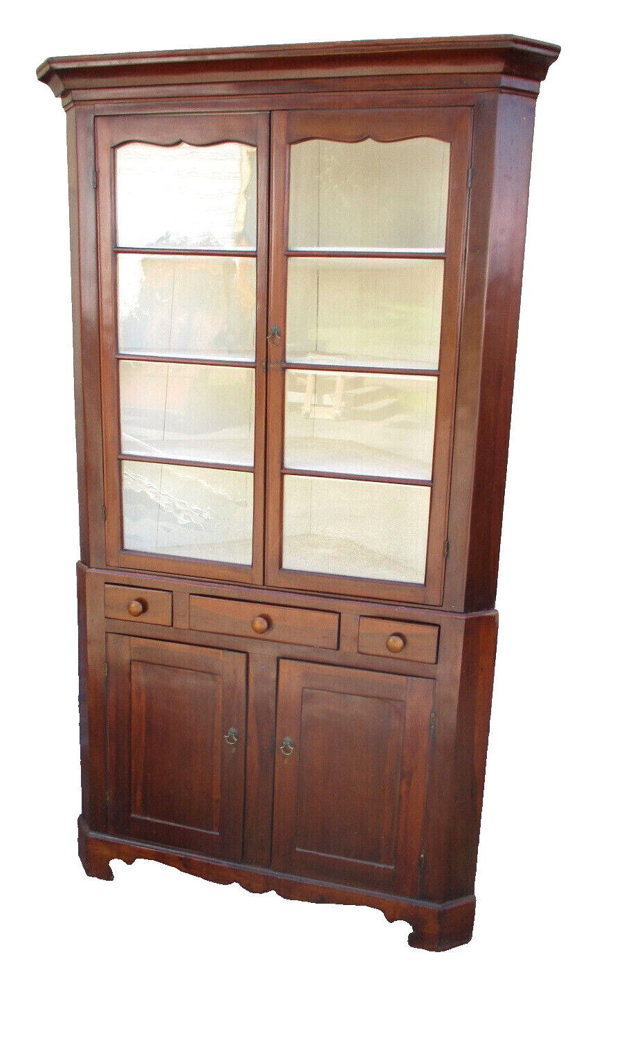 63376  Antique Primitive Pine Country  Corner China Cabinet 2 Piece