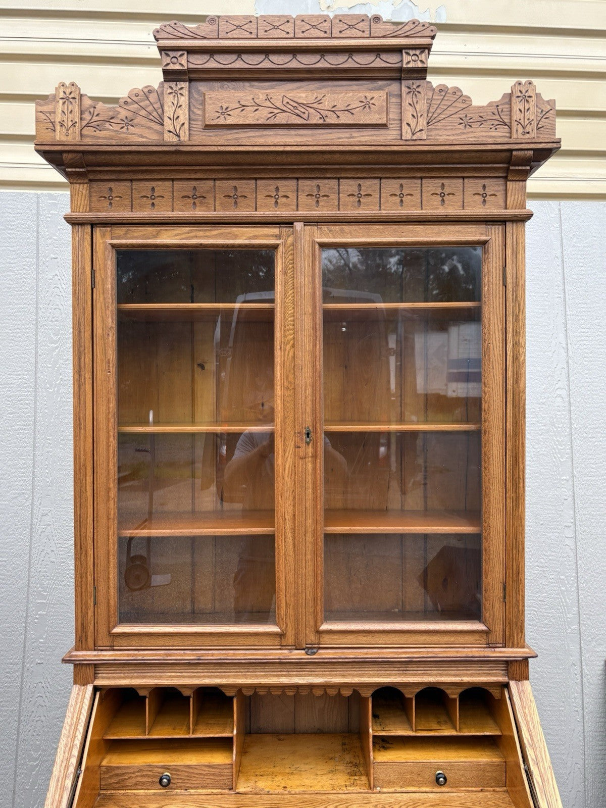 67028 Antique Victorian Oak Secretary Desk w/ Bookcase Top
