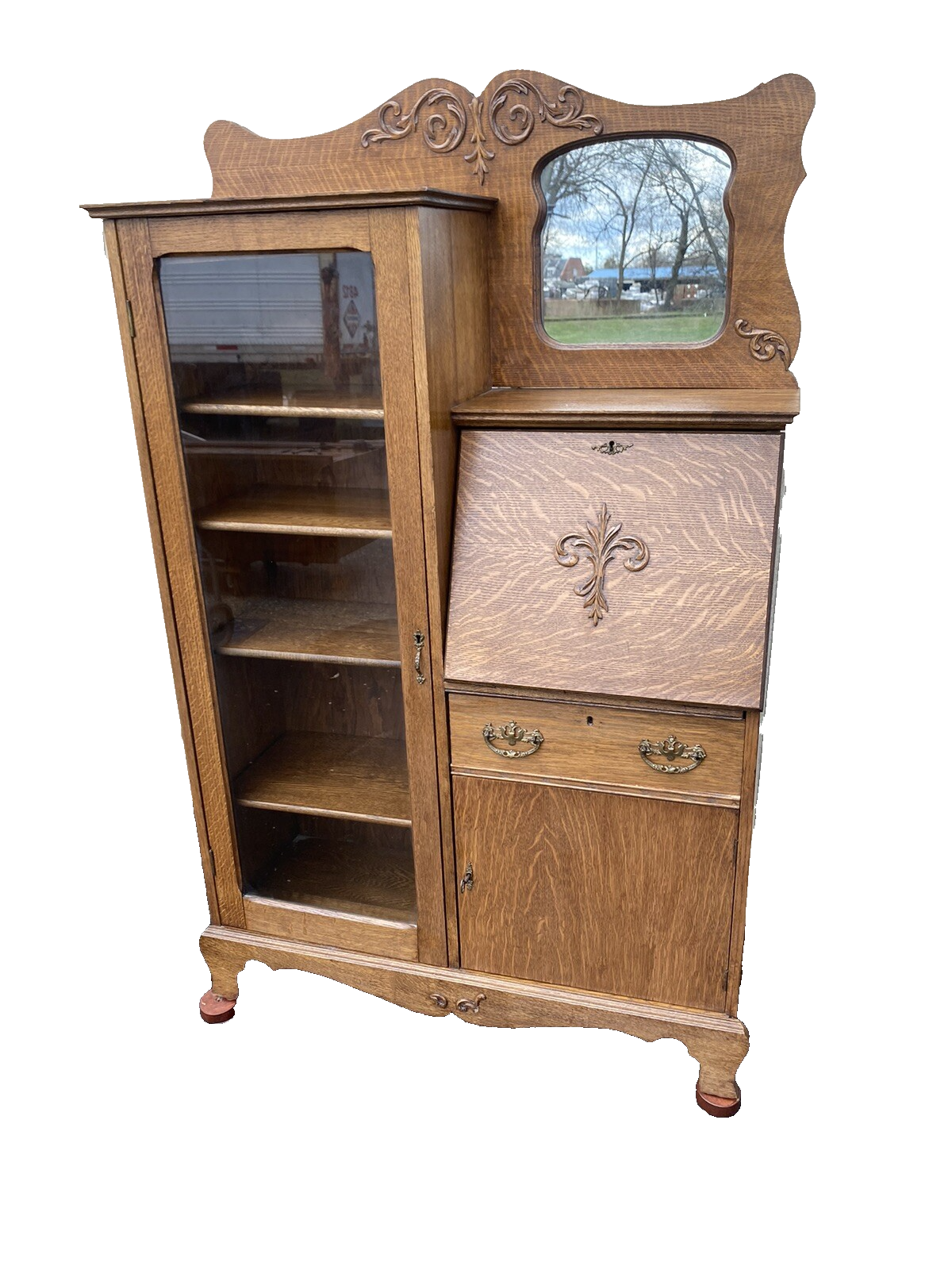 65325 Antique Oak Side By Side Bookcase Desk