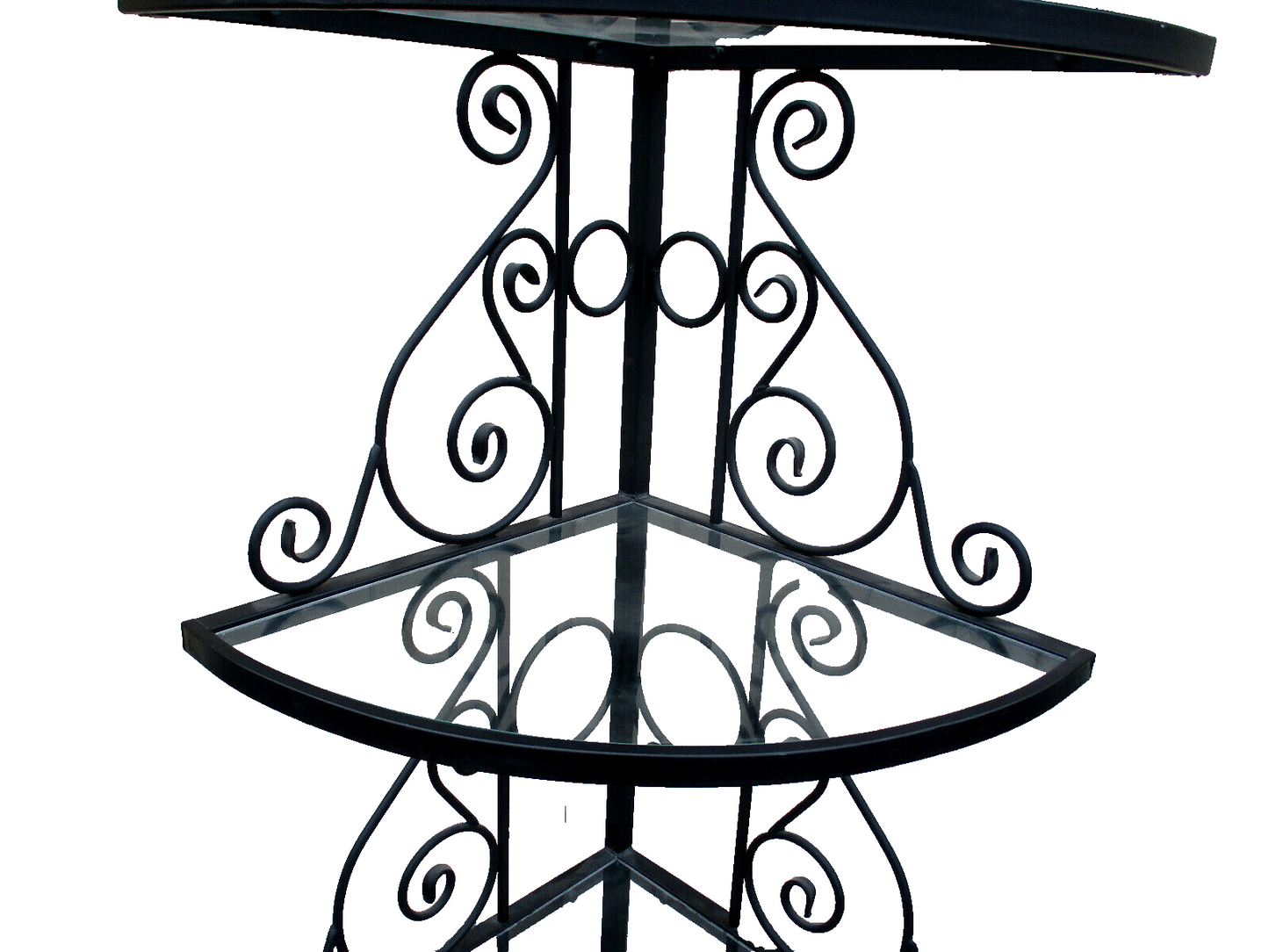 62802    QUALITY Iron Bakers Rack Corner Cabinet with Glass Shelves