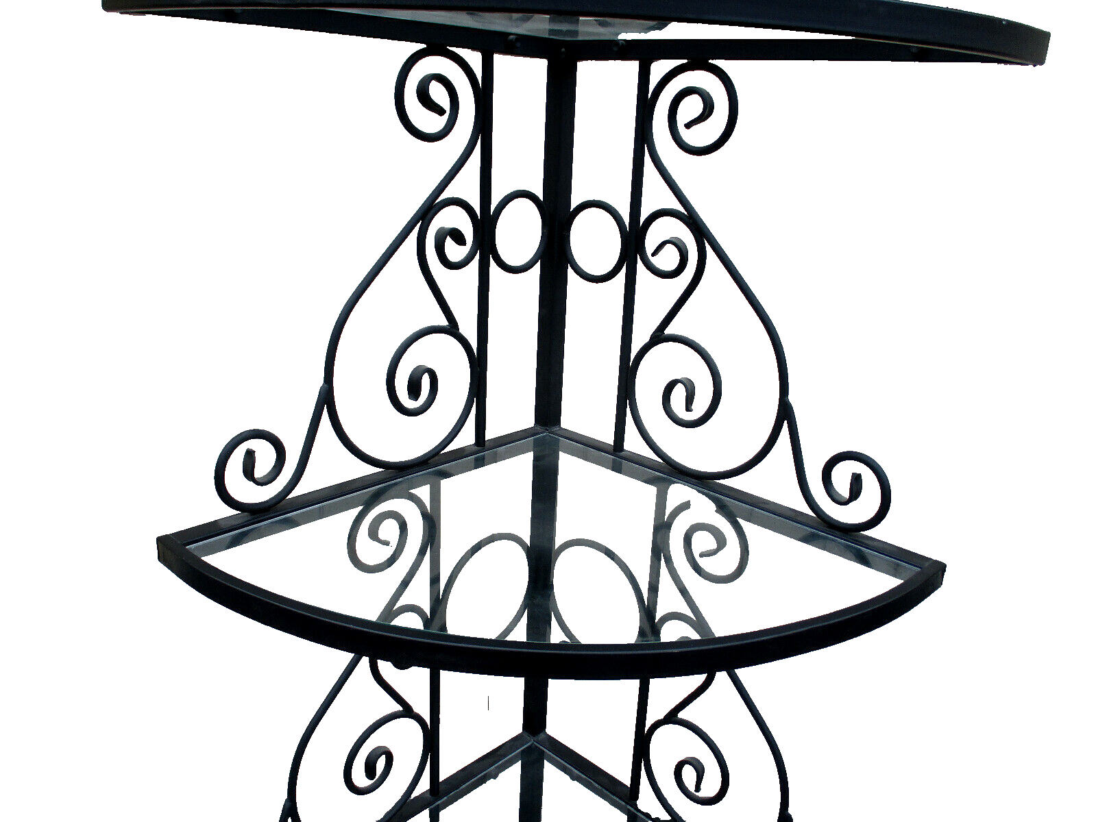 62802    QUALITY Iron Bakers Rack Corner Cabinet with Glass Shelves