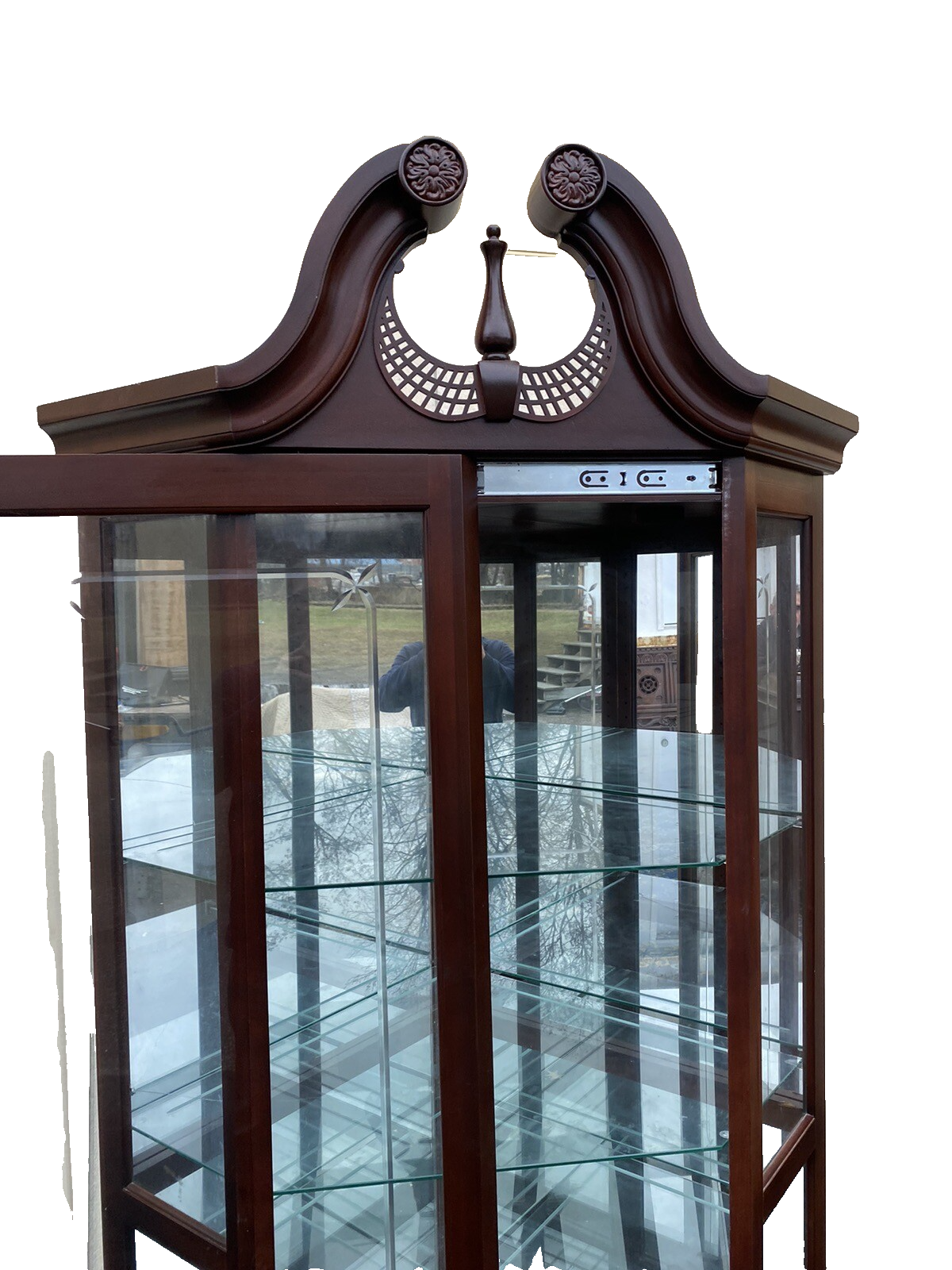 65090   Etched Glass Sliding Door Corner Curio Cabinet Reinisch Furniture(BN 06)