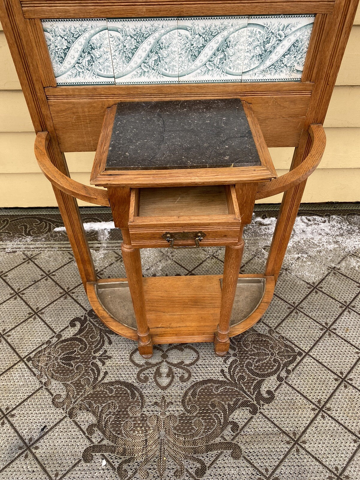 64527 Antique Victorian Oak Stick and Ball Hatrack Hall Seat with Mirror