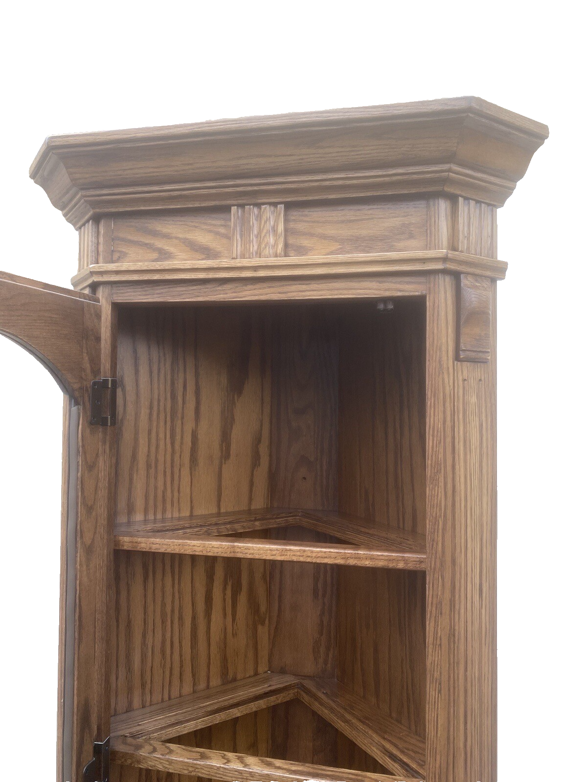 64573  PAIR Oak Corner Cabinet Curio s  With 3 wood and glass shelves each