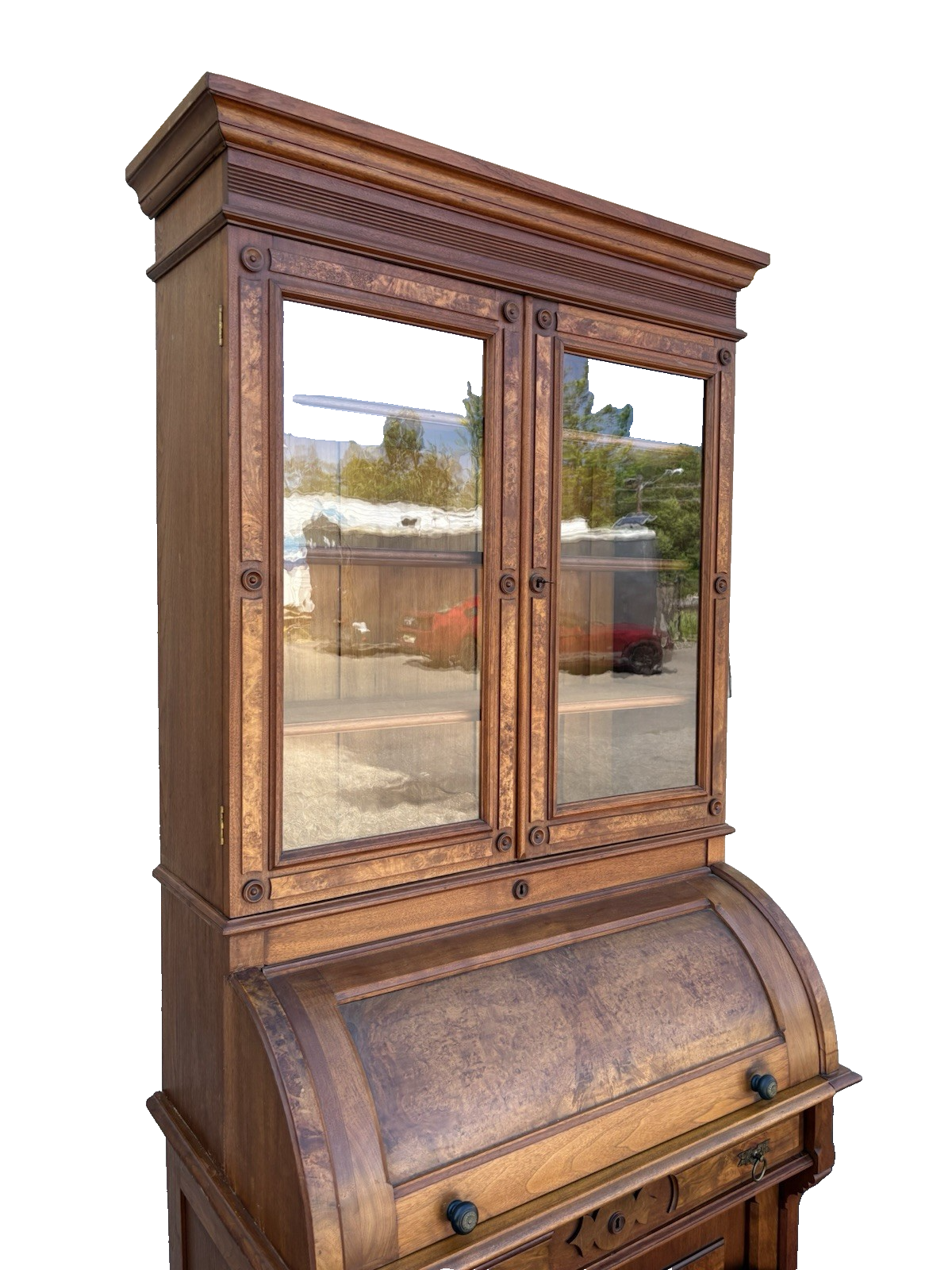 66644 Antique Victorian Walnut Cylinder Desk with Bookcase Top