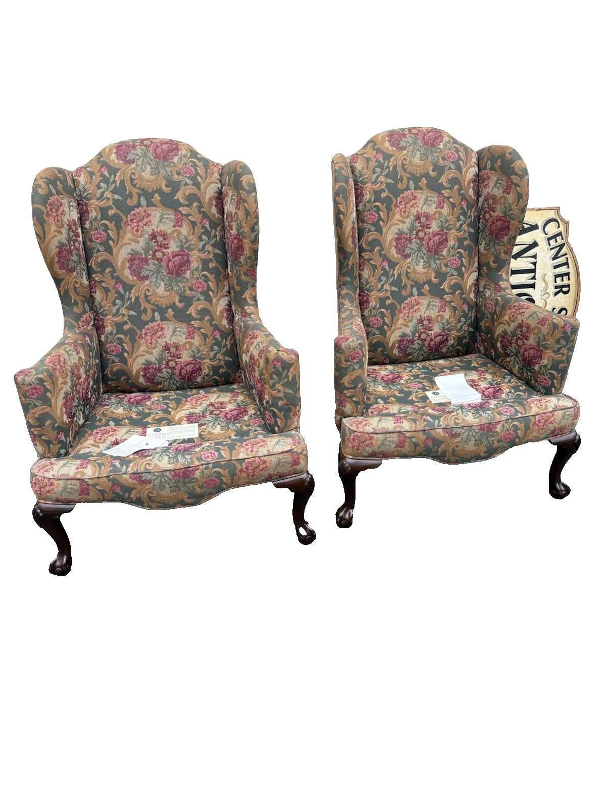66758  Pair ETHAN ALLEN Wing Back Armchair Chair s With Arm Covers