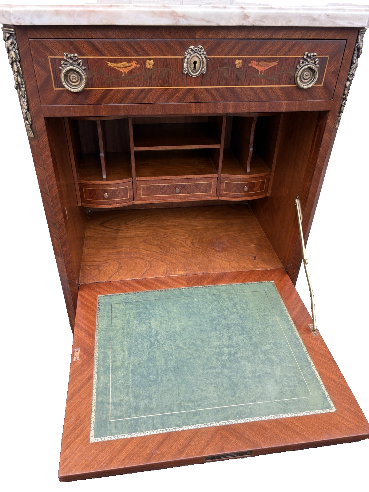 66581   Inlaid Marble Top  Louis XV Slant Front Desk Cabinet