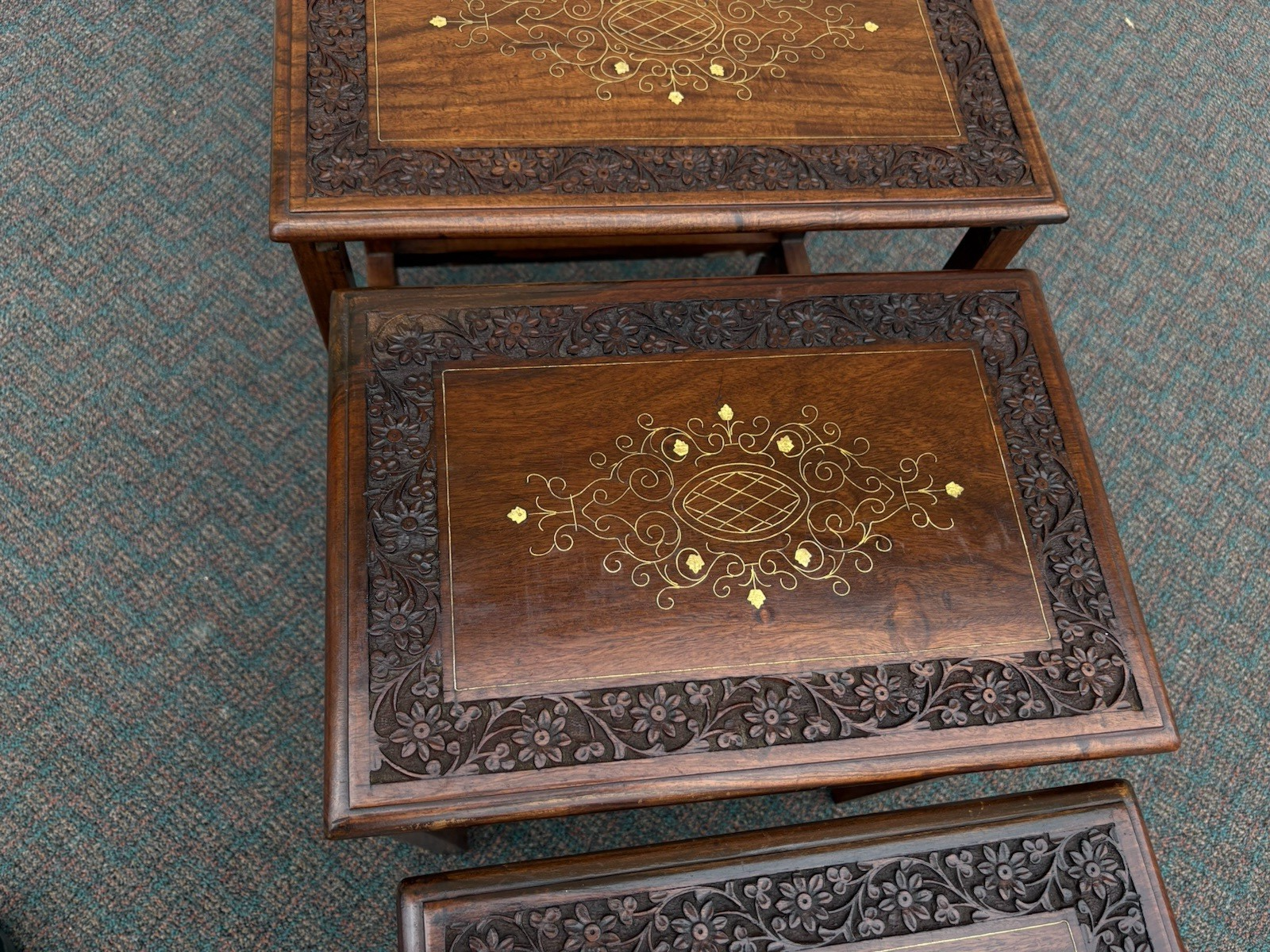 67039 Solid Mahogany Brass Inlaid Set of 4 Oriental Stacking Lamp  Table s