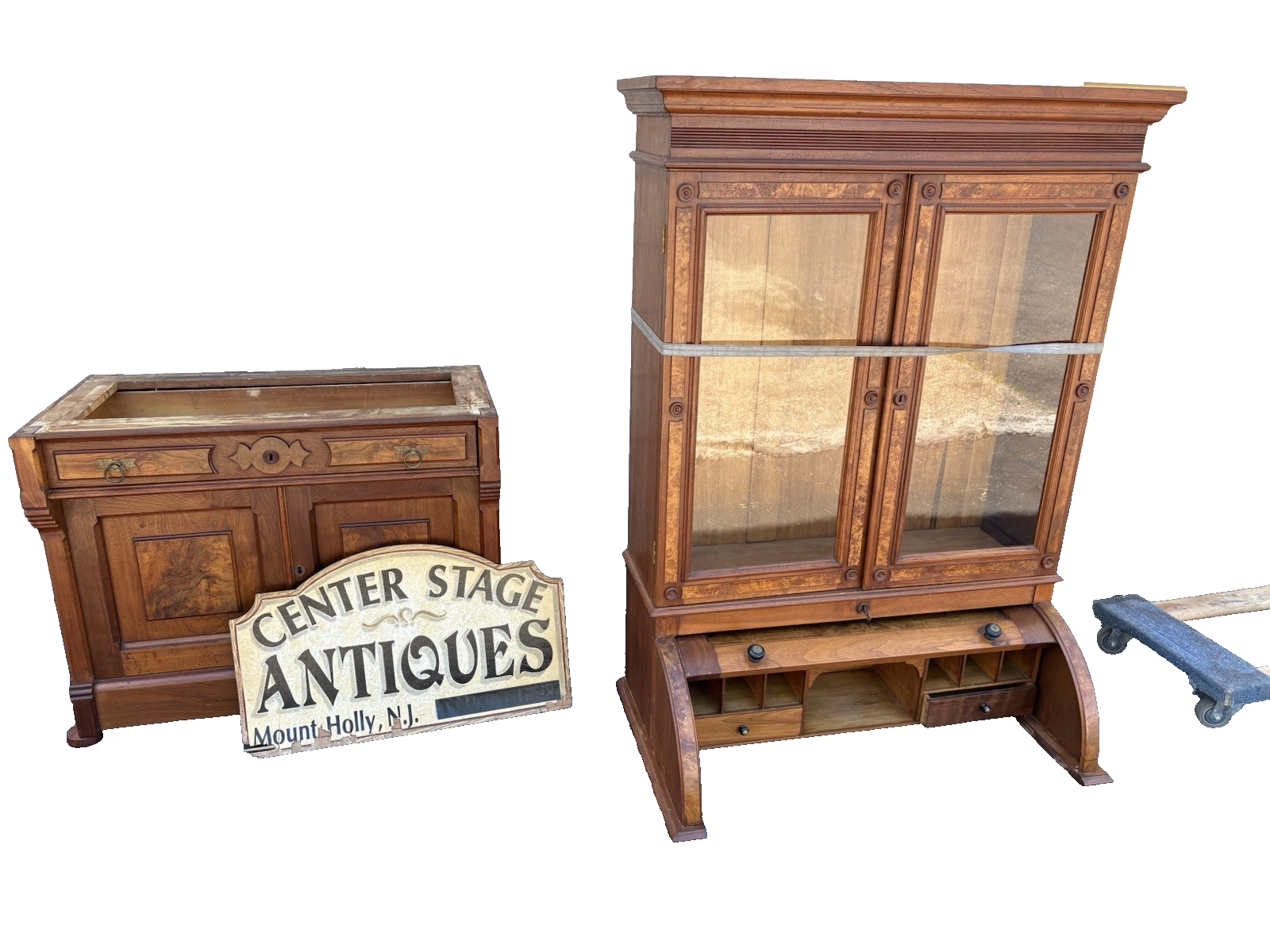 66644 Antique Victorian Walnut Cylinder Desk with Bookcase Top