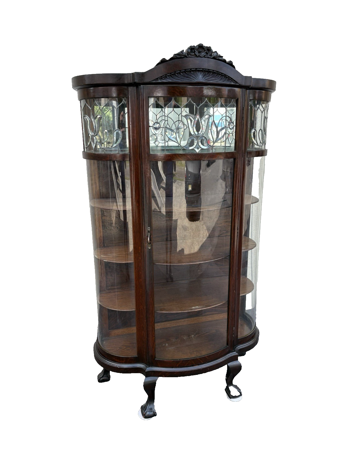 66903   Antique Victorian Oak Leaded Glass Bow Glass Curio China Cabinet