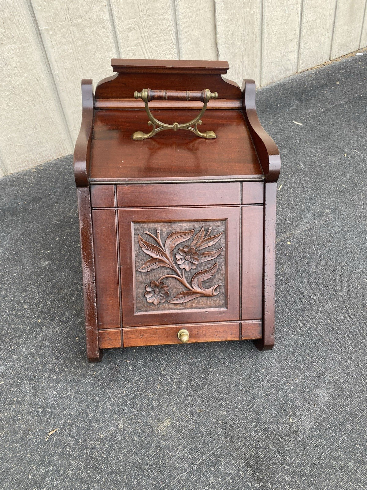 66553 Antique Hand Carved  Mahogany Coal Bin Storage Cabinet
