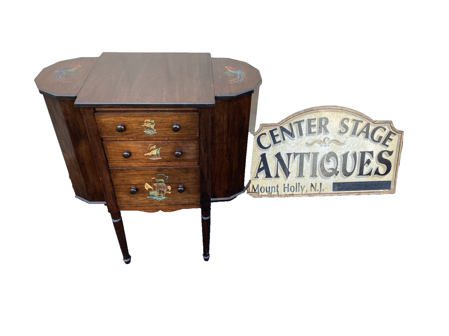 66476 Antique Mahogany Sewing Stand Hand Painted Parrot and Ship Designs