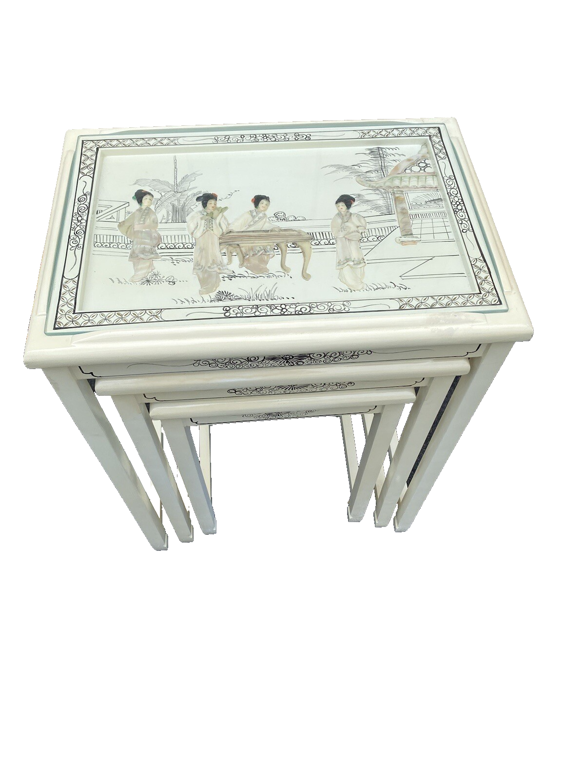 64597 Set Of 3 Oriental Decorated Nesting Stacking Tables