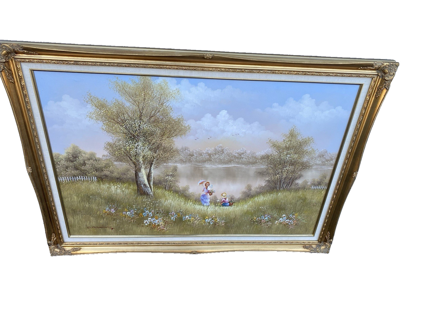 66562 Large Oil Painting on Canvas of Bridge in Frame Artist Signed 41 x 30