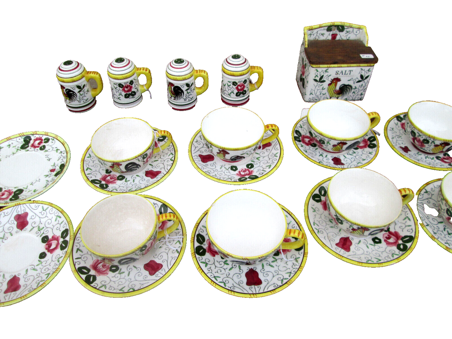 COLSW:  ROOSTER & ROSES PY  29 pieces Plates Bowls Salt Box Cup + Saucers