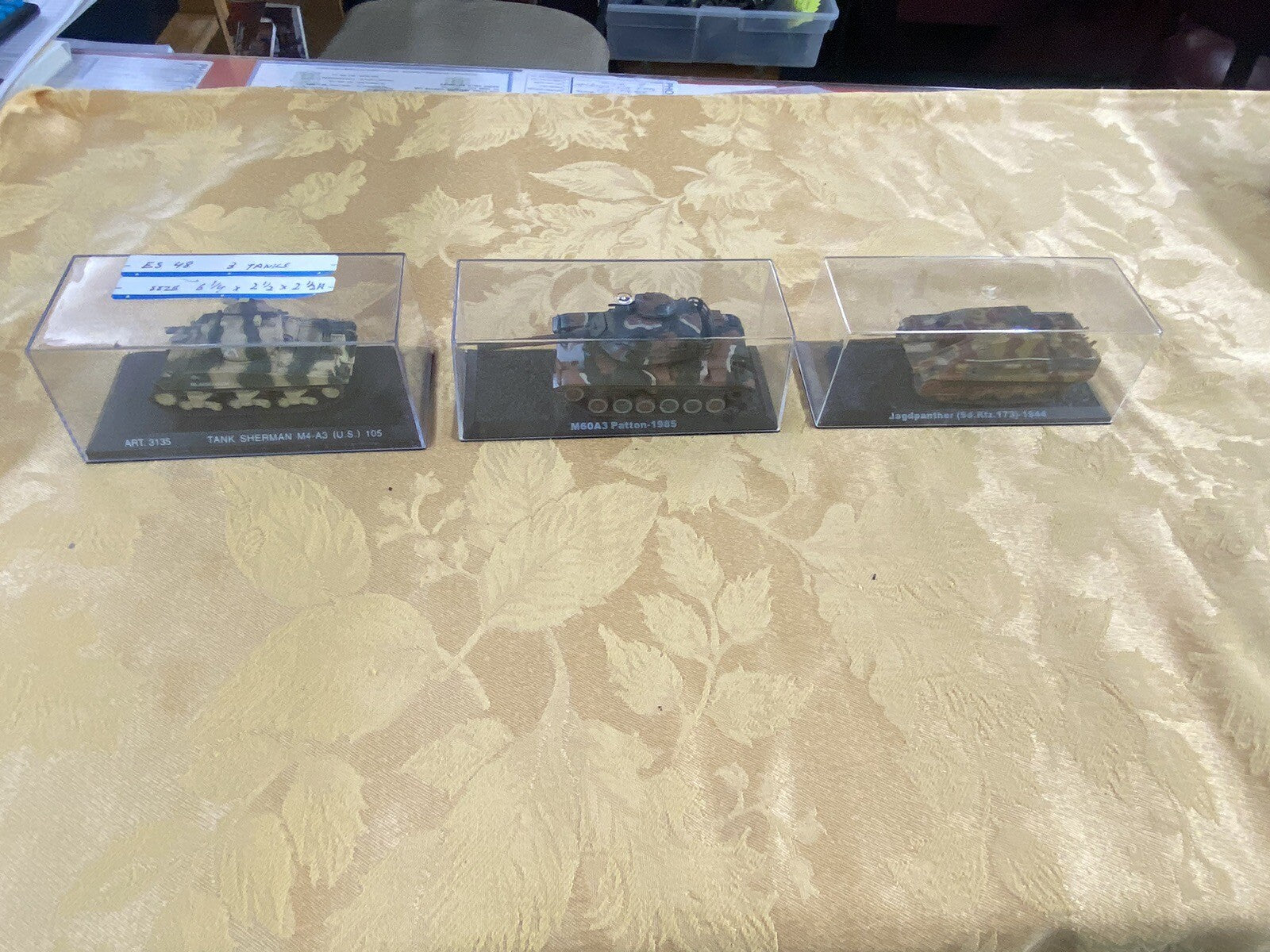 ES 48  :   3 Diecast Military Tanks with showcases  6 1/4" x 2 1/2" x 2 1/2"H
