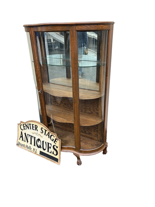 66717 Antique Victorian Oak Bow Glass Curio Cabinet + Serpentine Glass Door
