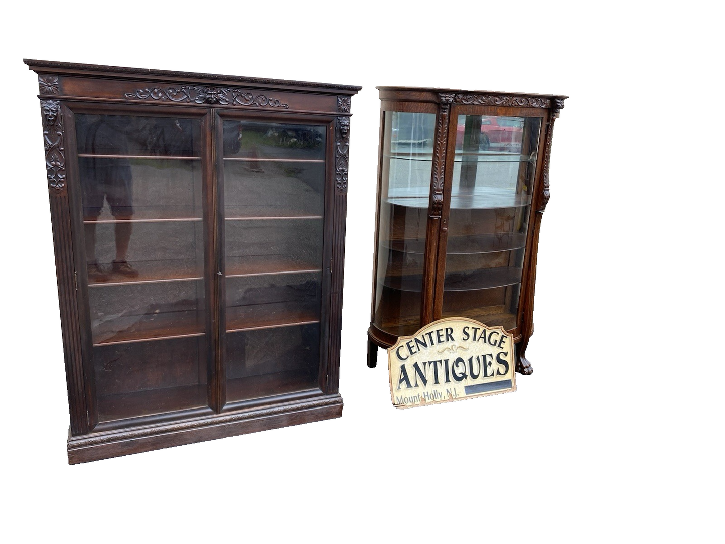 63537 Antique Victorian Oak Hand Carved Bow Glass Lion Head Curio China Cabinet