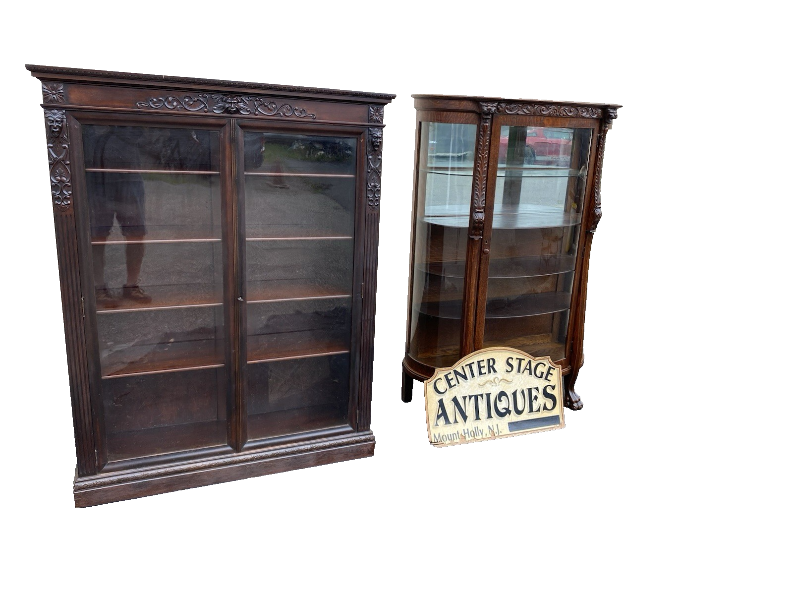 63537 Antique Victorian Oak Hand Carved Bow Glass Lion Head Curio China Cabinet