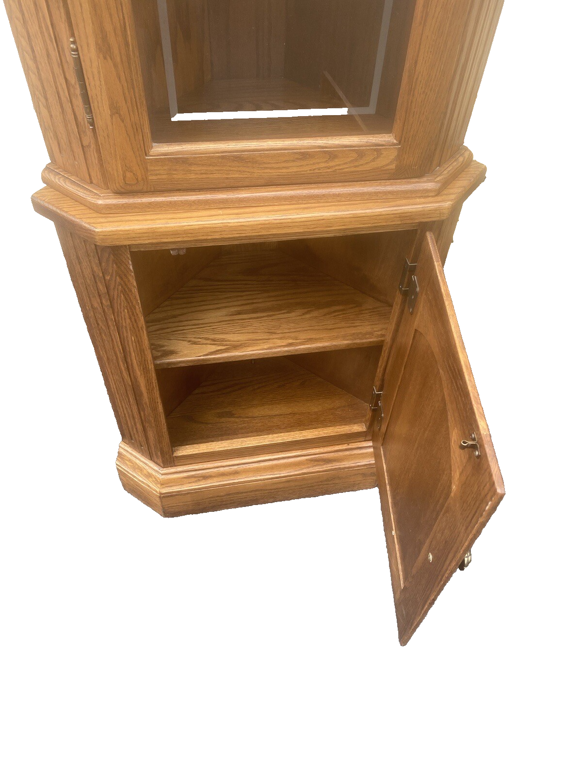 64573  PAIR Oak Corner Cabinet Curio s  With 3 wood and glass shelves each