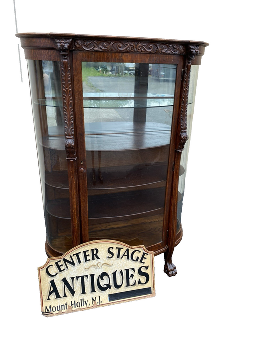 63537 Antique Victorian Oak Hand Carved Bow Glass Lion Head Curio China Cabinet