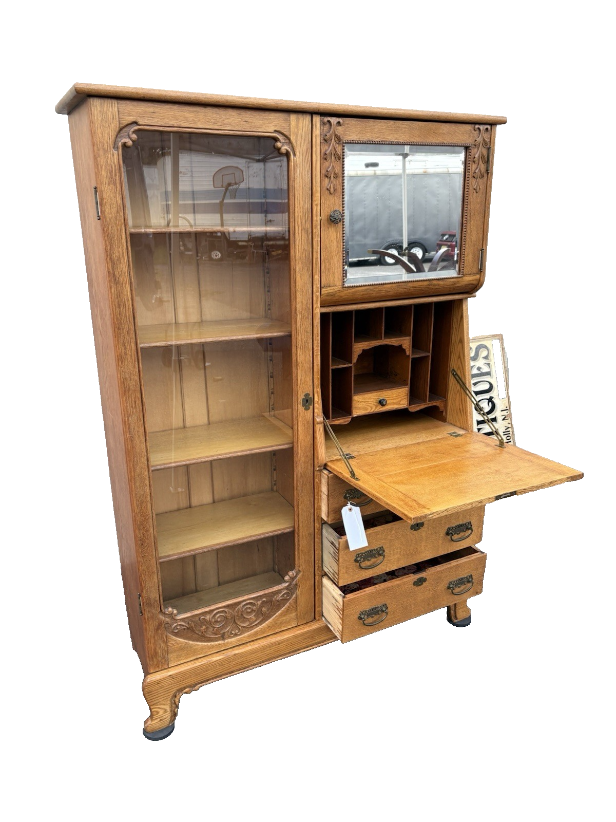 66904   Antique Victorian Oak Side By Side Bookcase Desk