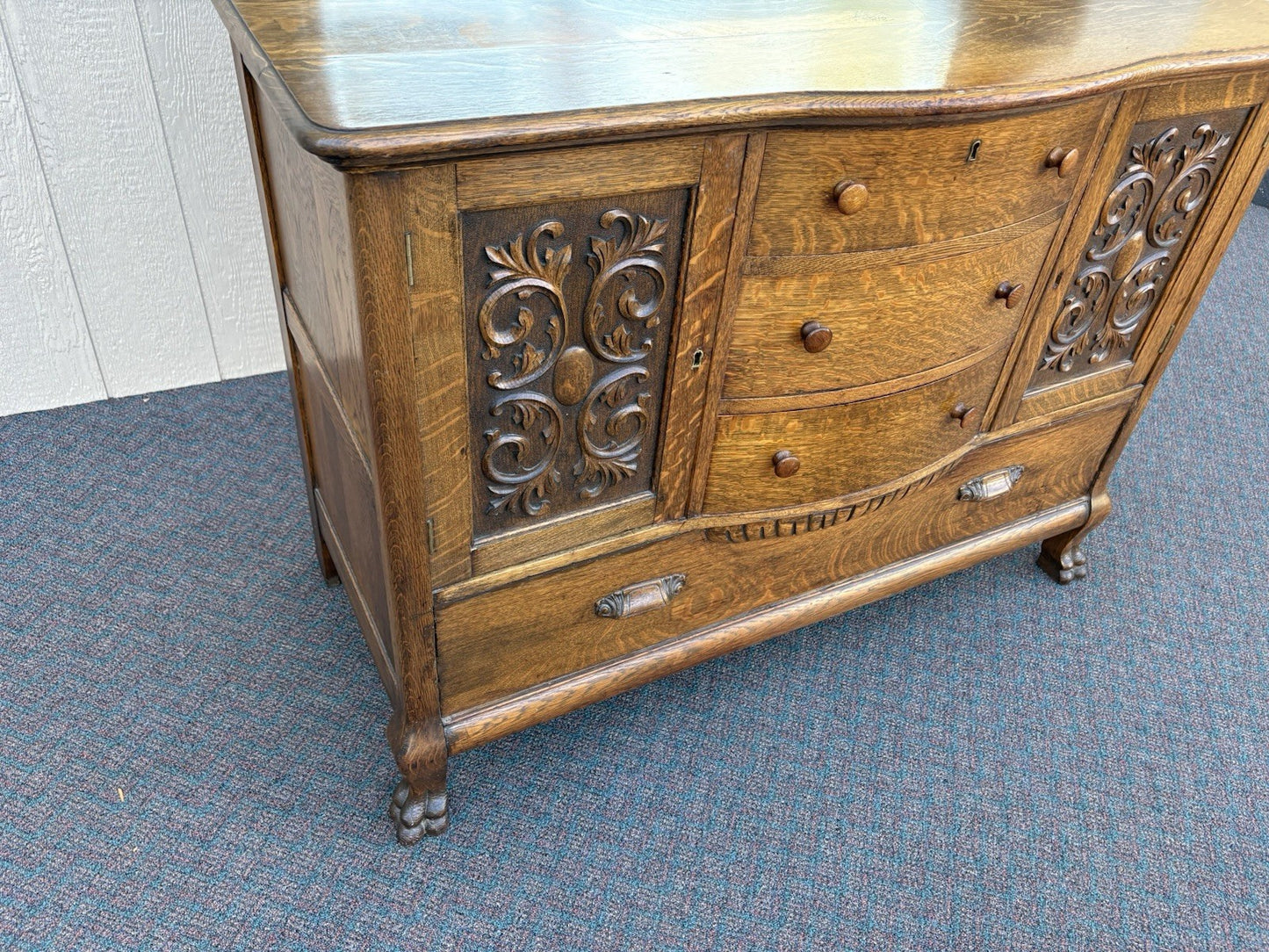 67012 Antique Victorian Oak Lion Head Buffet Sideboard Cabinet