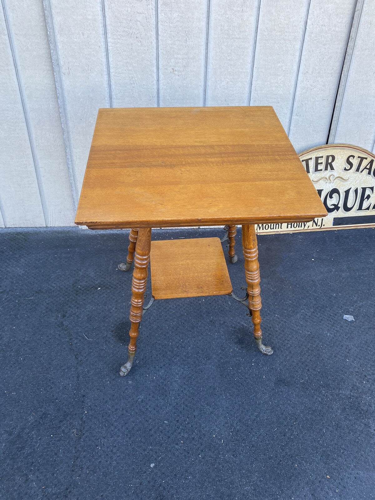 65163 Antique Victorian Oak Lamp Table Stand with Figural brass Feet