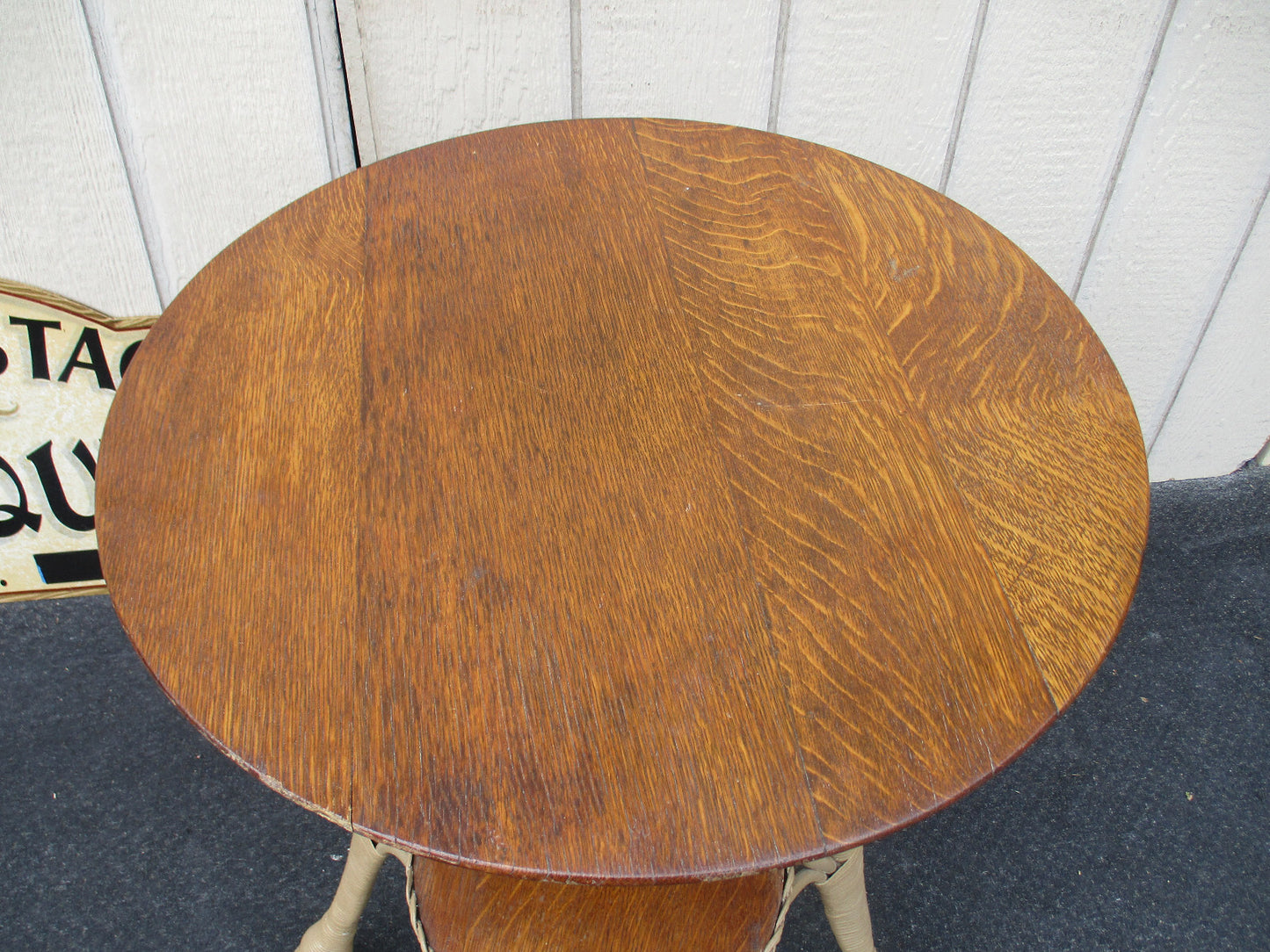 64404  Antique Victorian Oak and Wicker Lamp Table Stand HEYWOOD WAKEFIELD ???