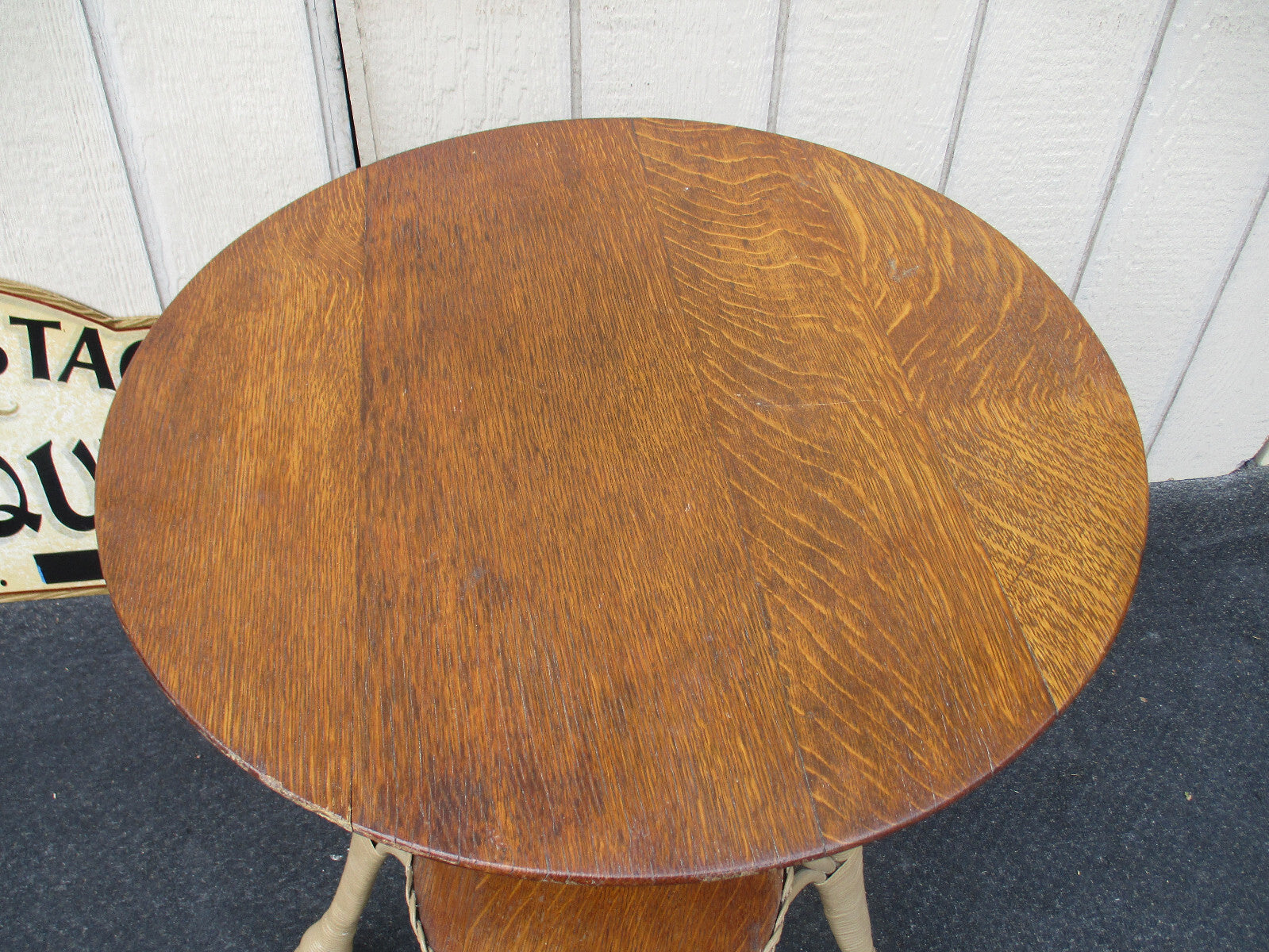 64404  Antique Victorian Oak and Wicker Lamp Table Stand HEYWOOD WAKEFIELD ???