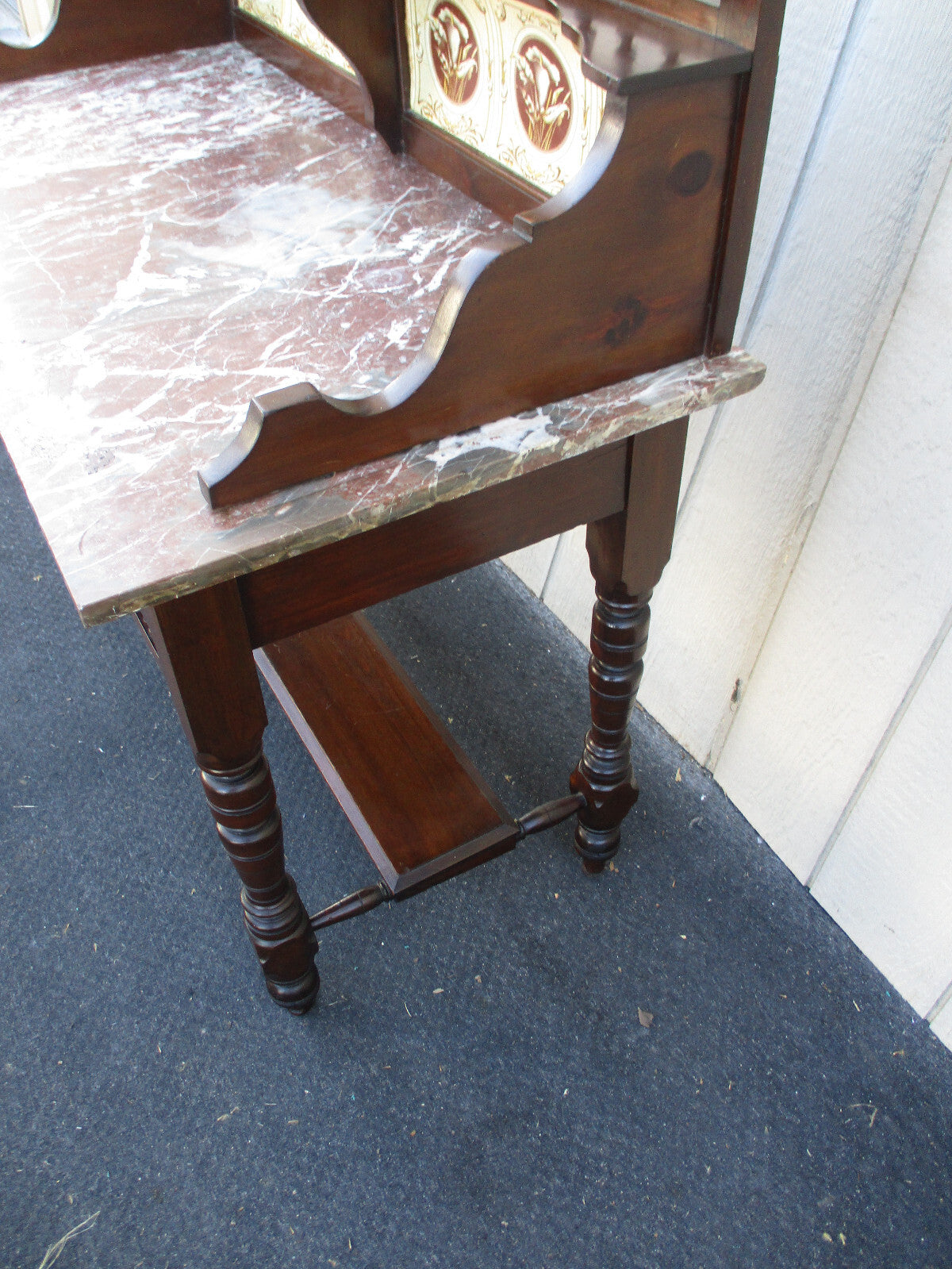 64037  Antique Victorian Marble Top Tile Back Washstand Chest Dresser