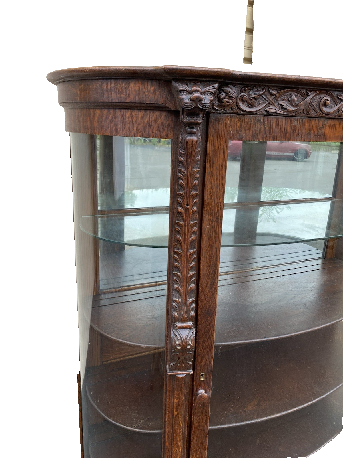 63537 Antique Victorian Oak Hand Carved Bow Glass Lion Head Curio China Cabinet