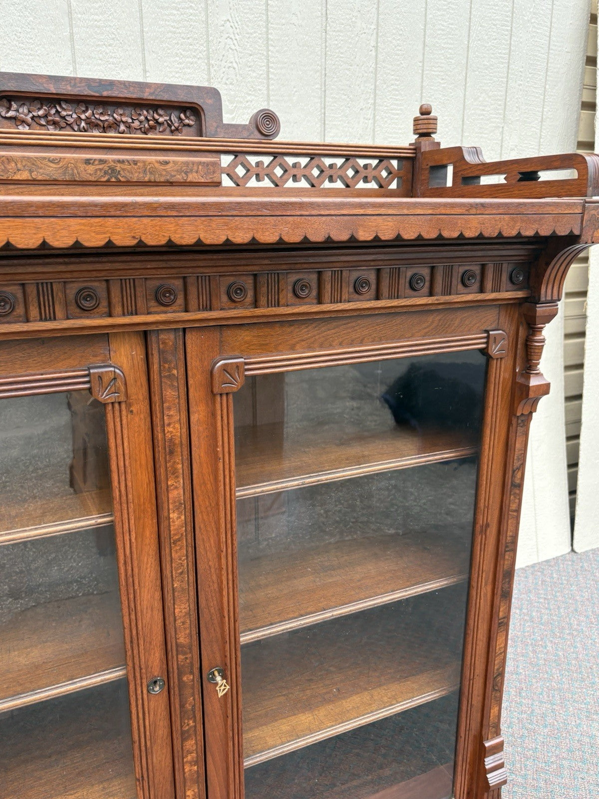 67027 Antique Walnut Victorian Bookcase Curio Cabinet