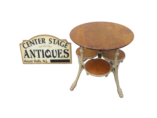 64404  Antique Victorian Oak and Wicker Lamp Table Stand HEYWOOD WAKEFIELD ???