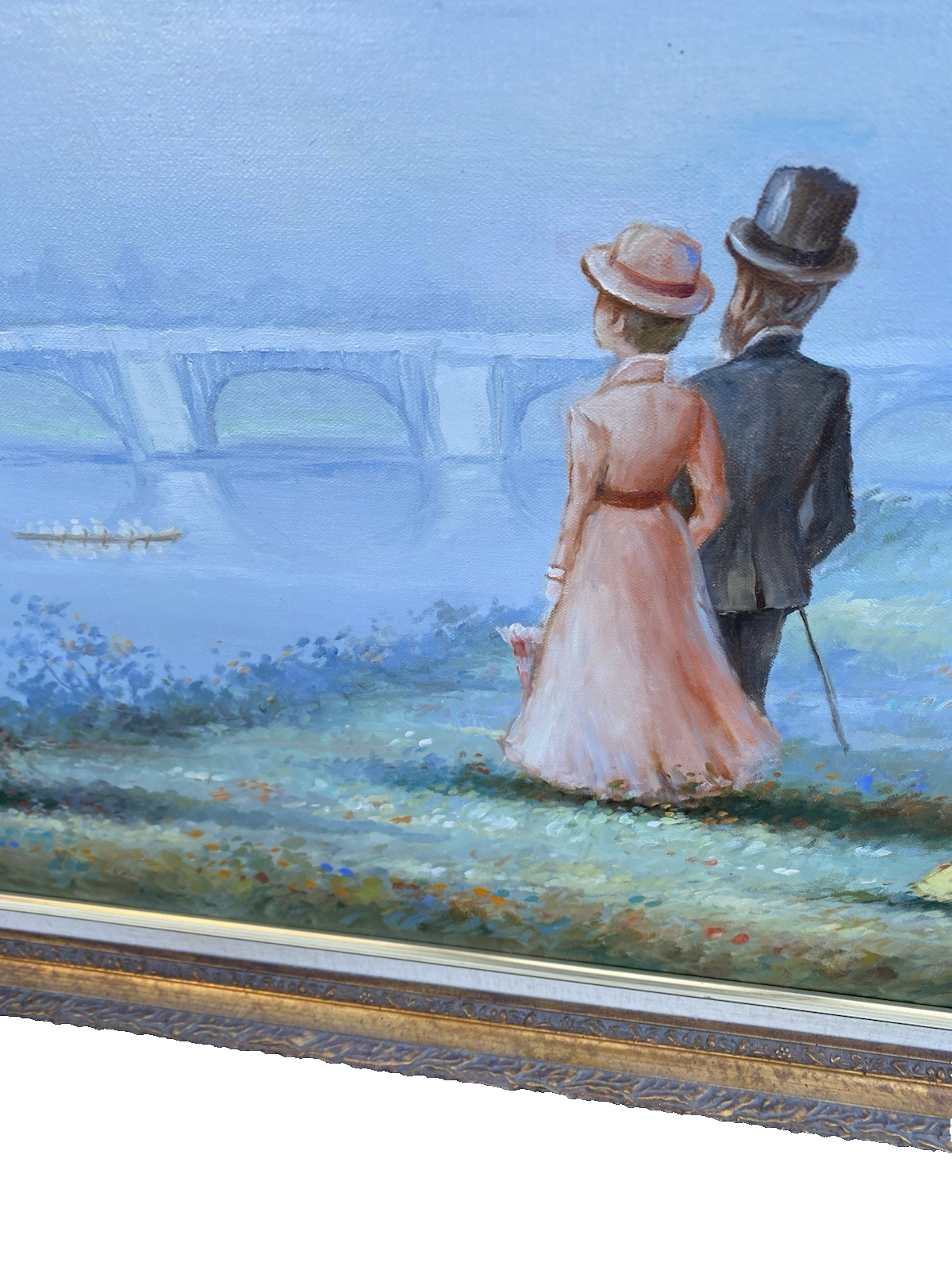 66053  Oil Painting of Lake and Bridge on Canvass  Picture Signed  S SELL DON