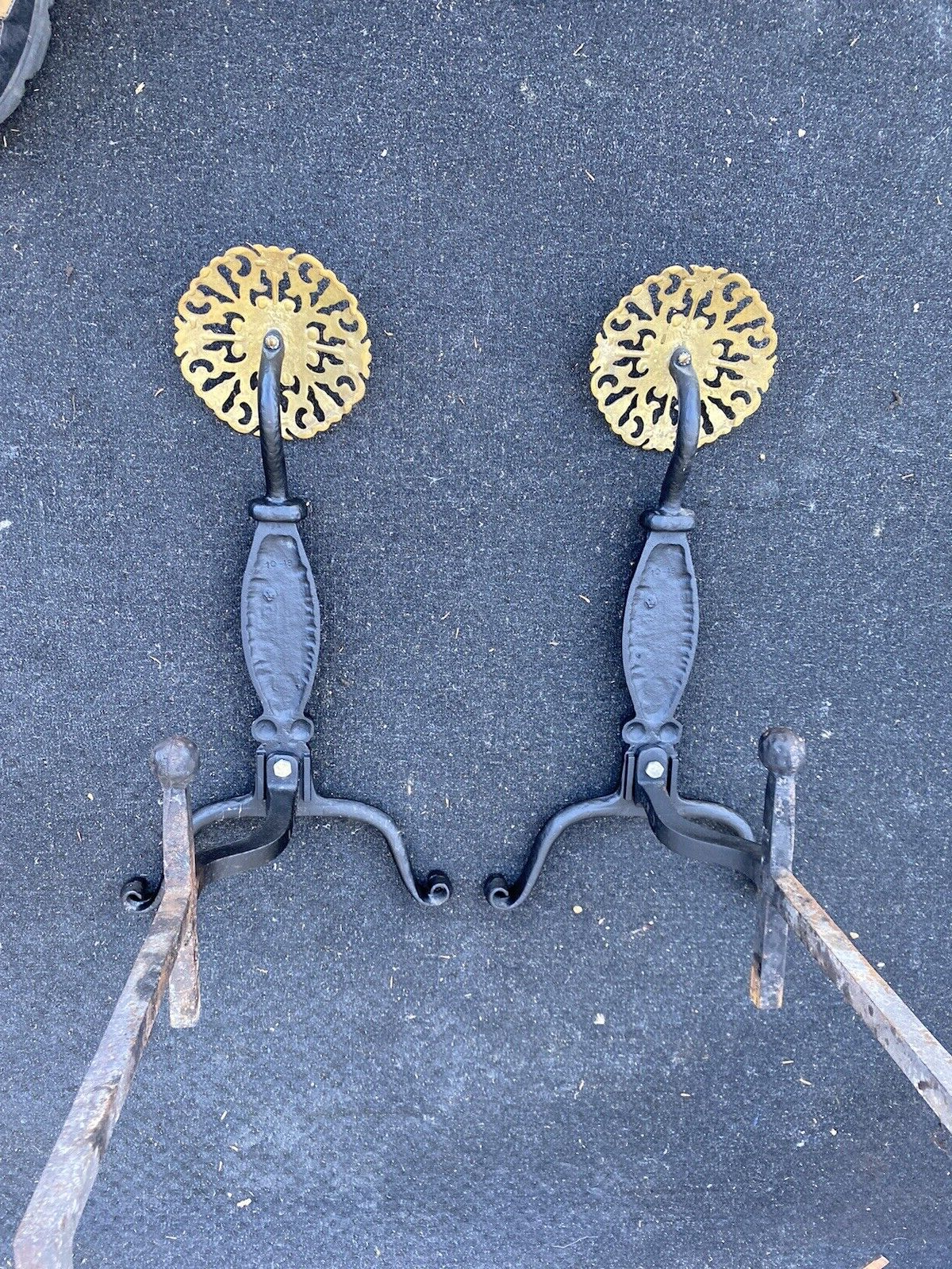 65387  Antique Iron  Andirons Fireplace Mantle