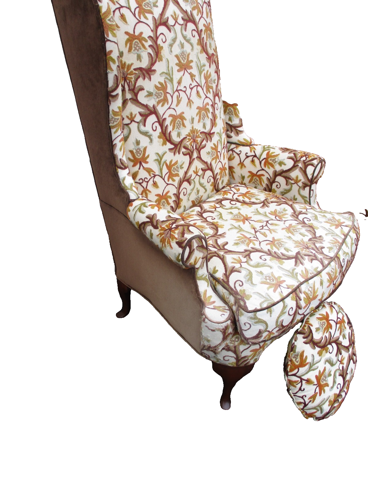 64184   Pair HICKORY  Furniture Crewel Embroidered Queen Anne Wing Chair s