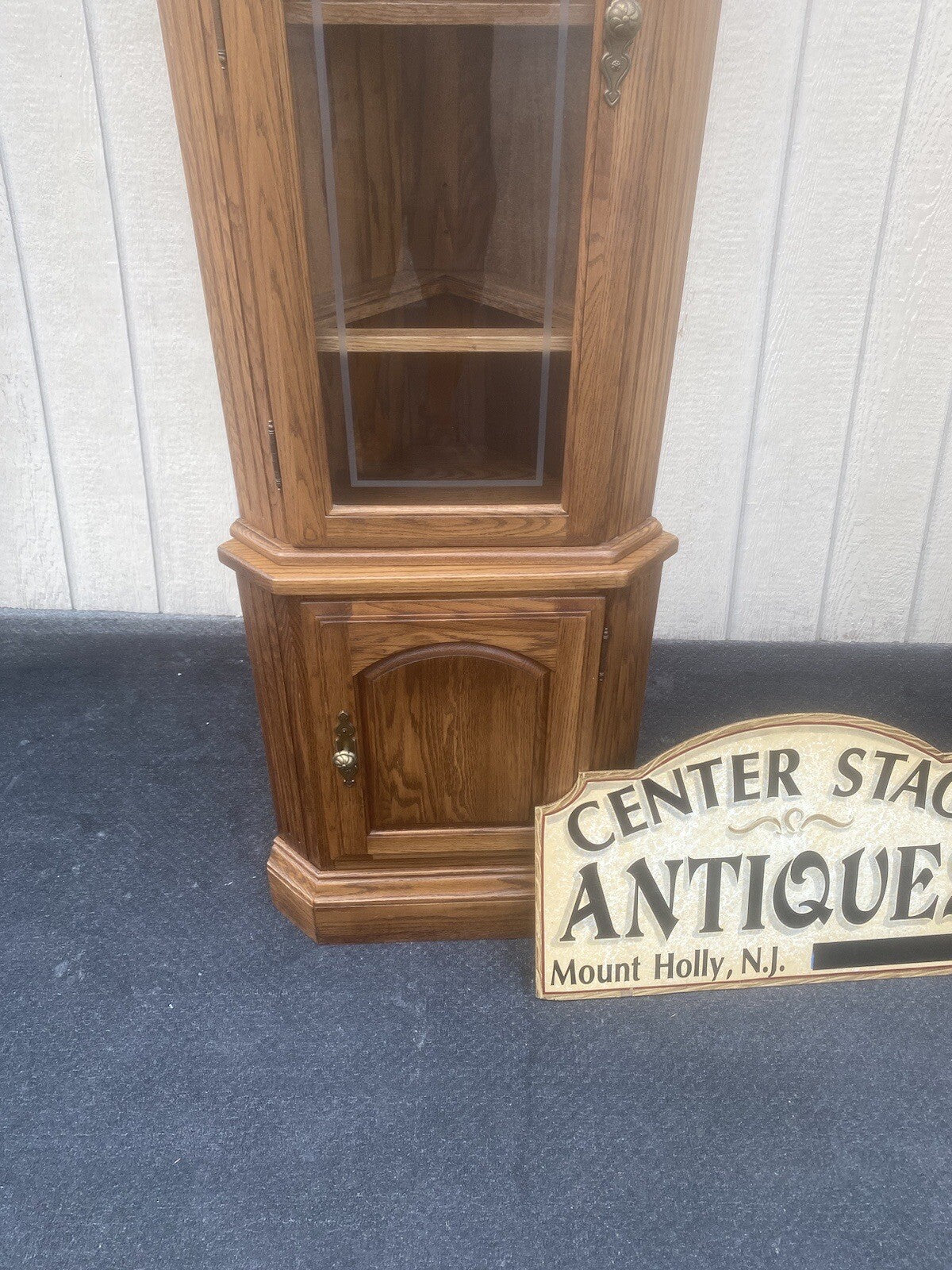 64573  PAIR Oak Corner Cabinet Curio s  With 3 wood and glass shelves each