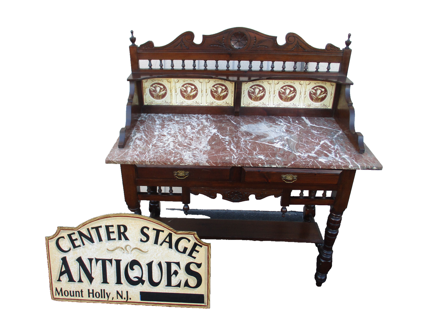 64037  Antique Victorian Marble Top Tile Back Washstand Chest Dresser