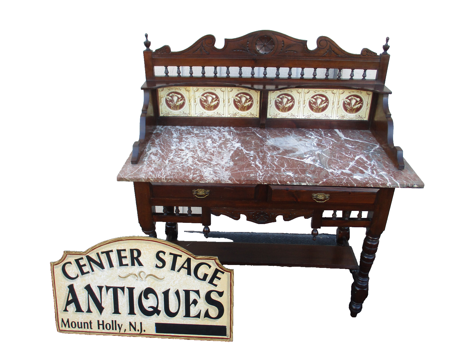 64037  Antique Victorian Marble Top Tile Back Washstand Chest Dresser