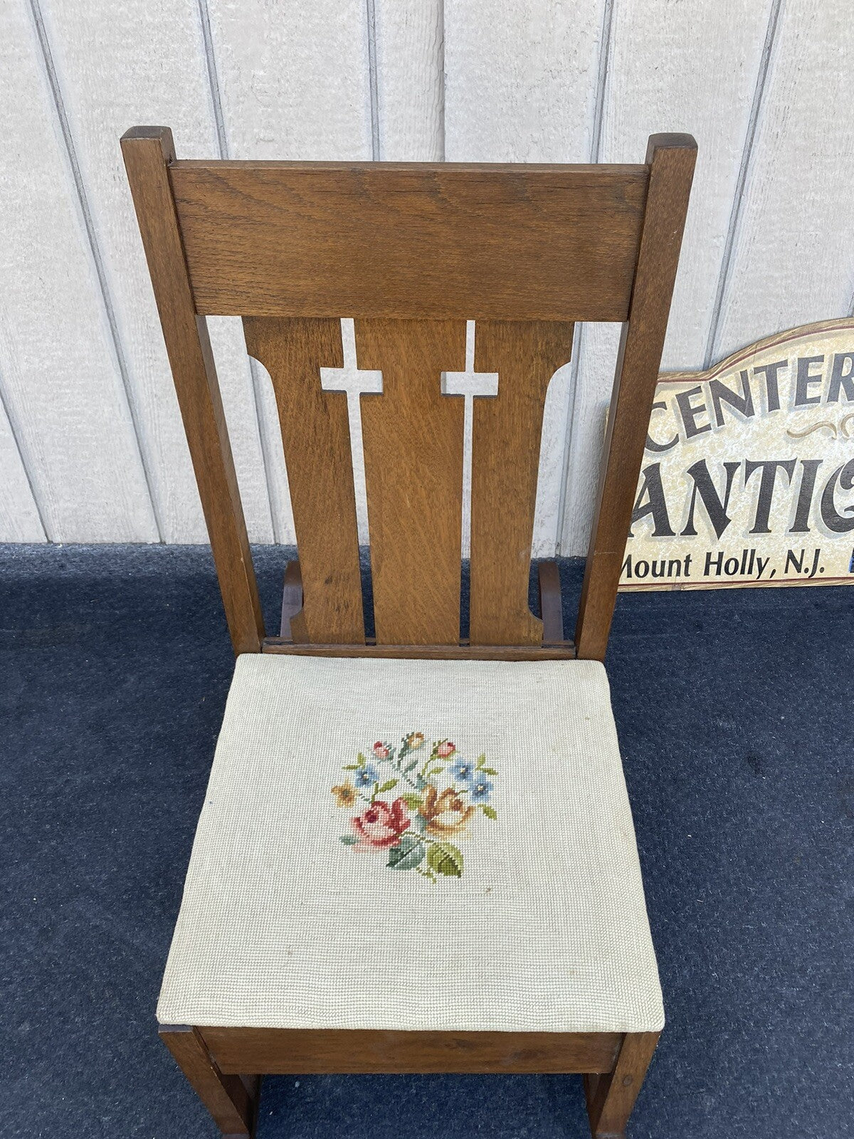 64507    Mission Oak  Rocking Rocker Chair w/ Sewing Drawer + Needlepoint seat