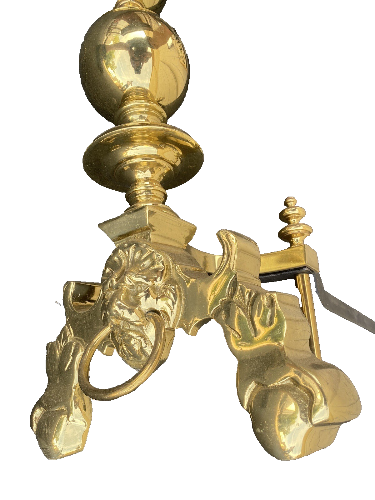 64828 Pair Heavy Polished Brass Fireplace Lion Face Fireplace Mantel Andirons