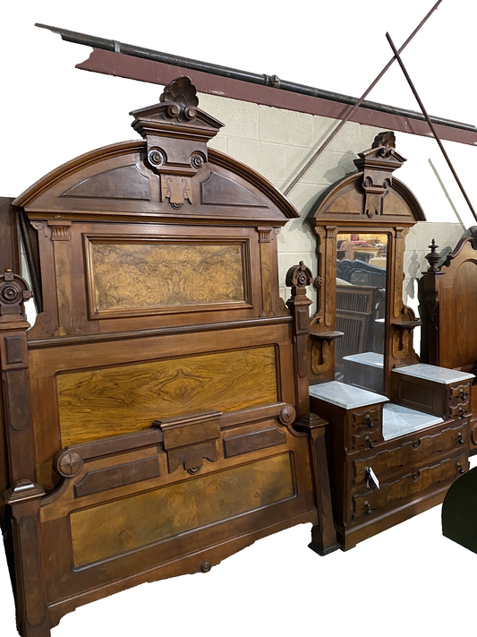 63933   Antique Victorian Walnut  2 pc Marble Top Bedroom Set Bed Dresser w/ Mir