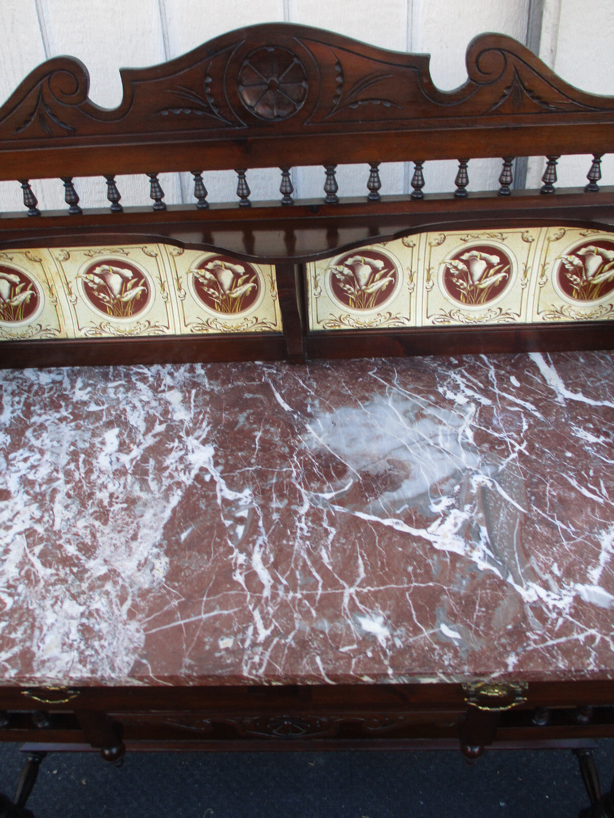 64037  Antique Victorian Marble Top Tile Back Washstand Chest Dresser