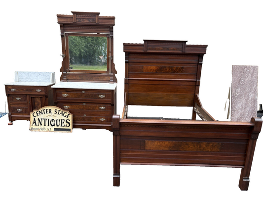 65728 Antique Victorian Bedroom Set Full Size Bed Dresser w/ Mirror + Washstand