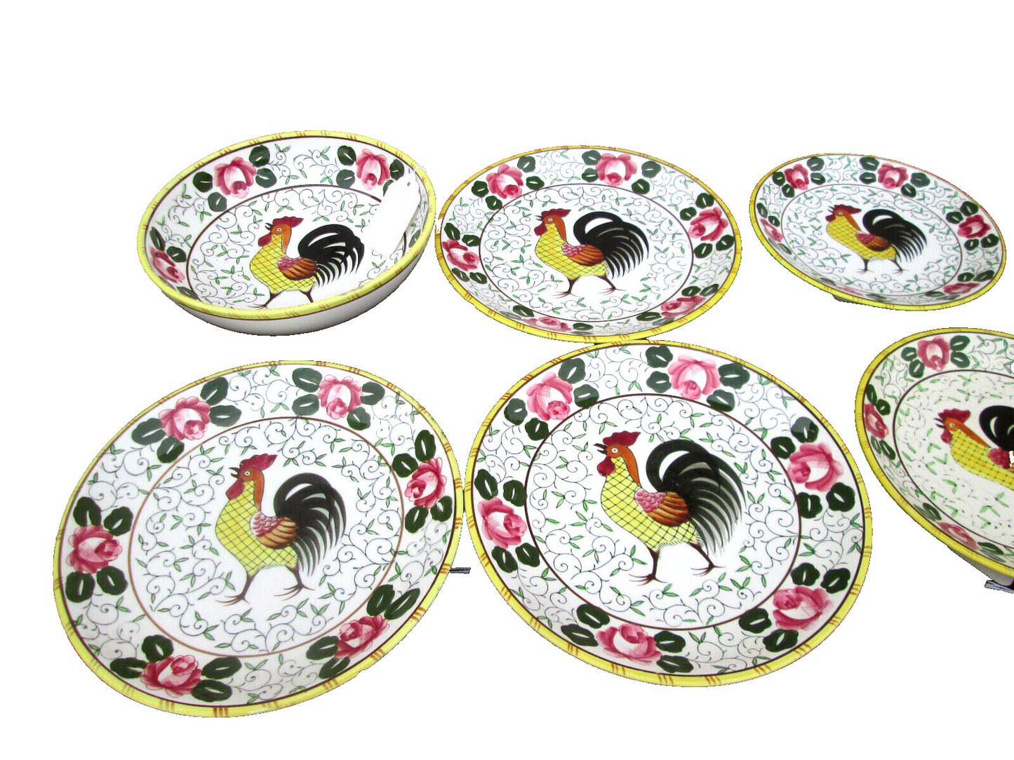 COLSW:  ROOSTER & ROSES PY  29 pieces Plates Bowls Salt Box Cup + Saucers