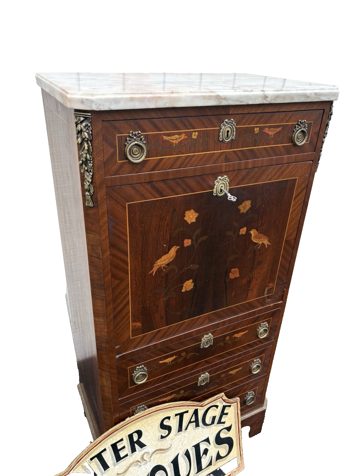 66581   Inlaid Marble Top  Louis XV Slant Front Desk Cabinet