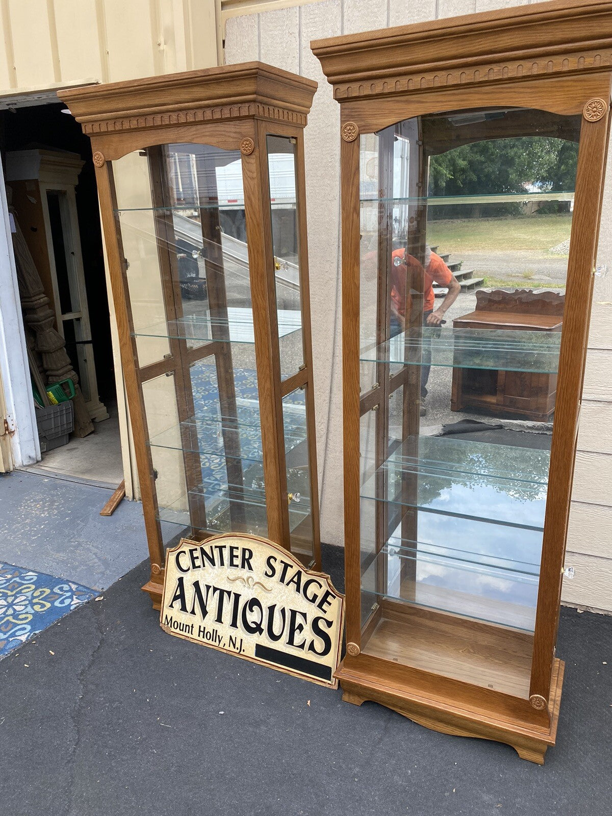 65590     PAIR   of    Matching    Oak Curio China Cabinets