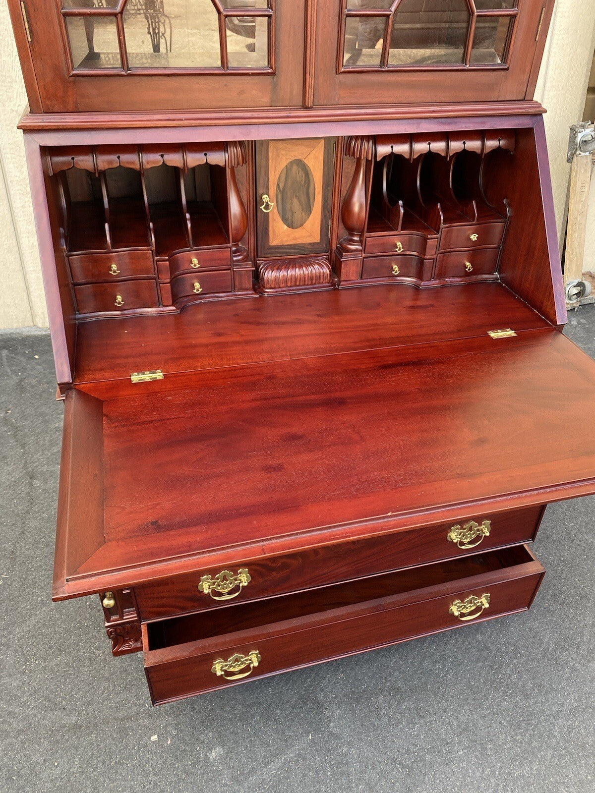 64897    Solid Mahogany 2 Piece Chippendale Secretary Desk w/ 2 Secret Drawers